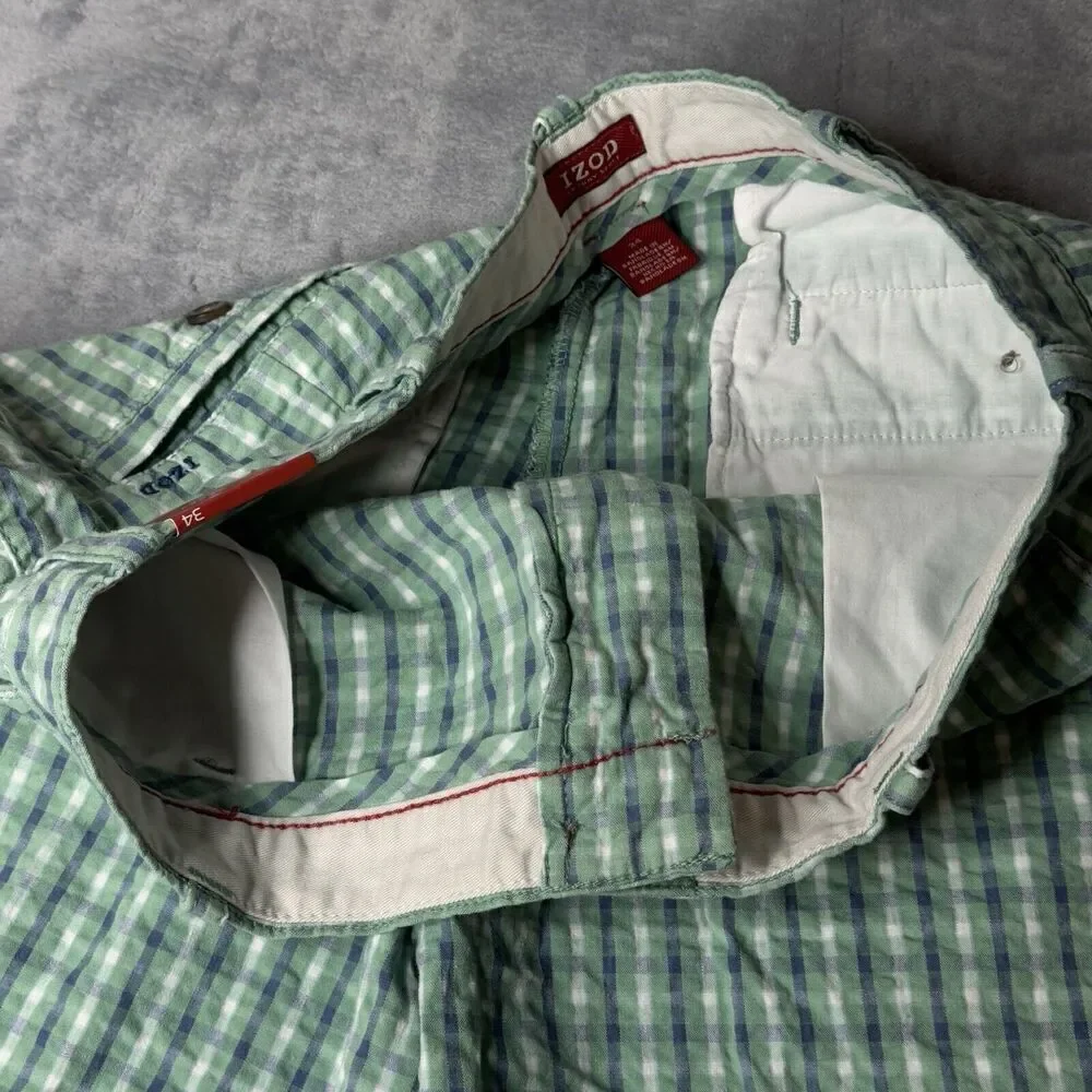 IZOD Men 34 Shorts Green Seersucker Plaid Luxury Sport Chino Golf Flat 9
